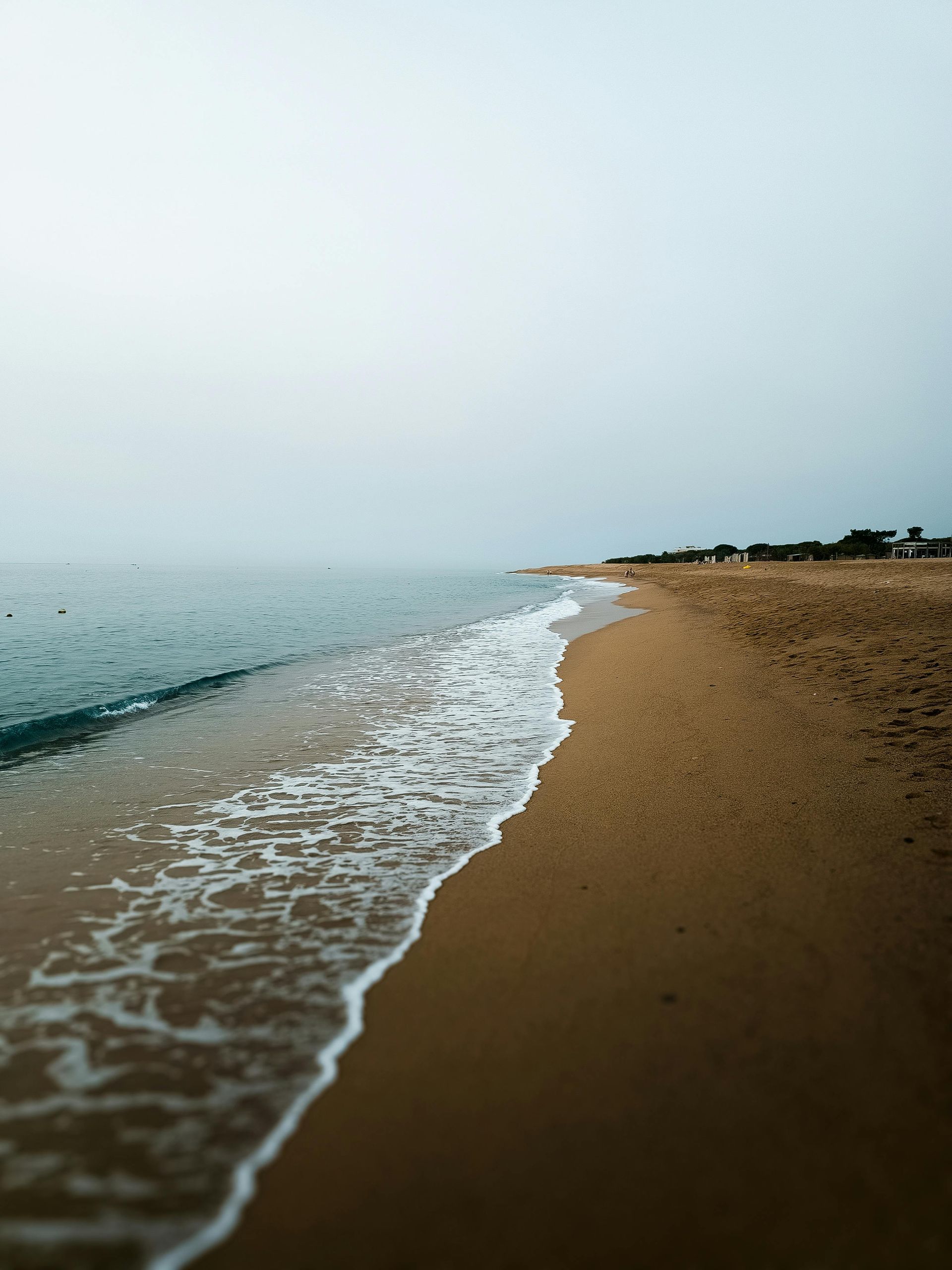 Una costa brumosa con suaves olas que rompen en una playa de arena bajo un cielo nublado.