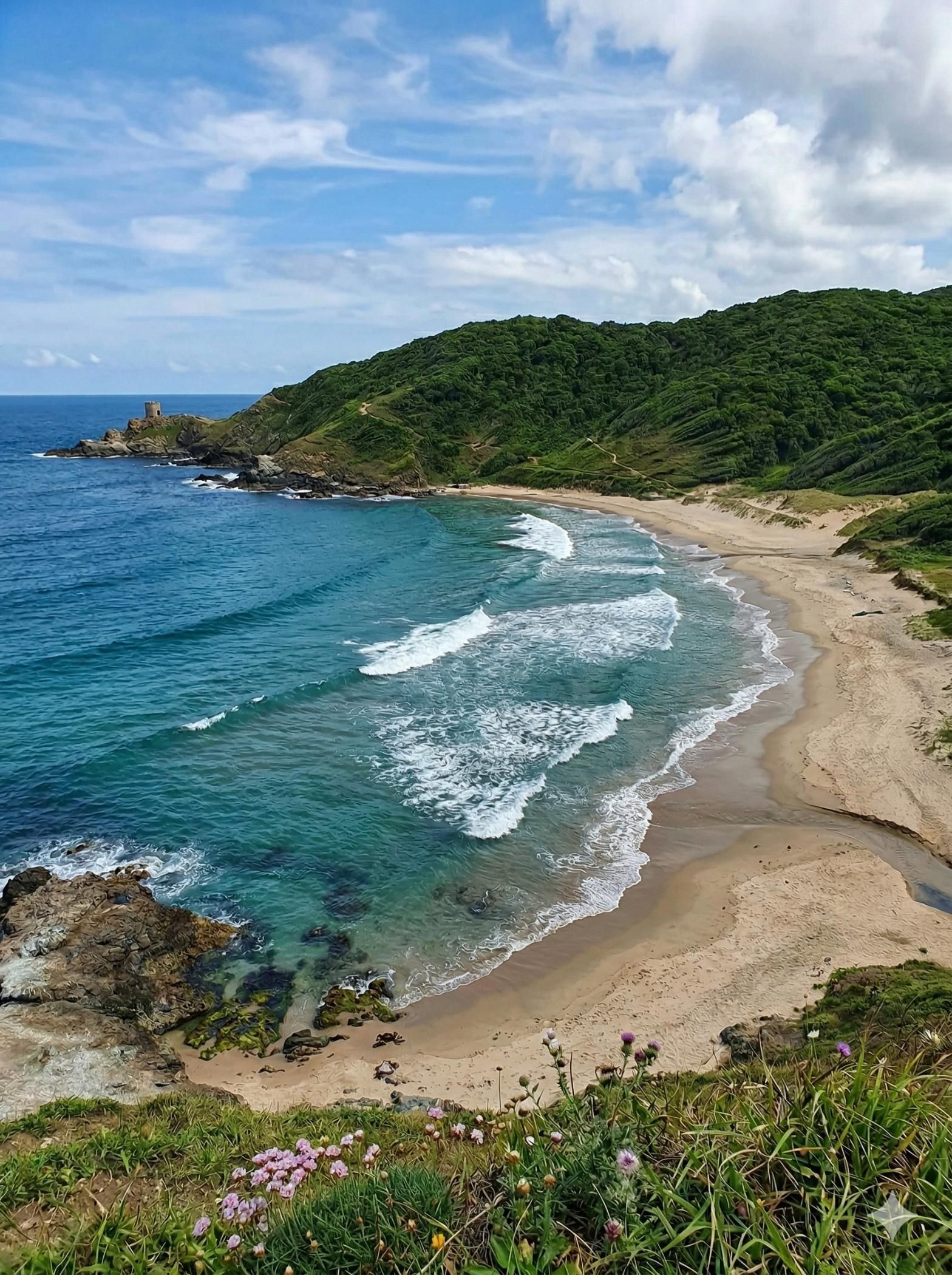 Una bahía de color turquesa con olas que rompen en una playa de arena, rodeada de exuberantes colinas verdes bajo un cielo azul parcialmente nublado.