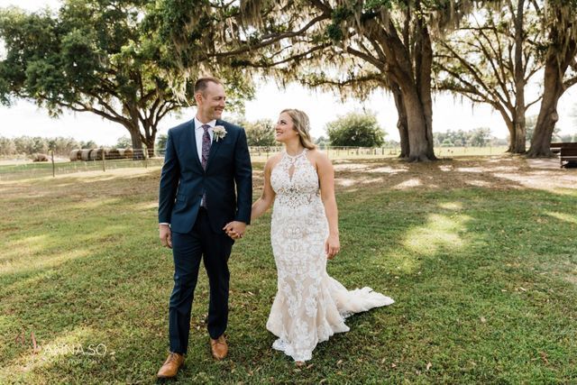 A bride and groom are walking in a field holding hands.