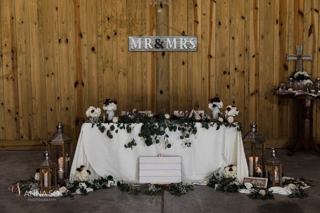 A wedding table with a sign that says mr. and mrs. on it.