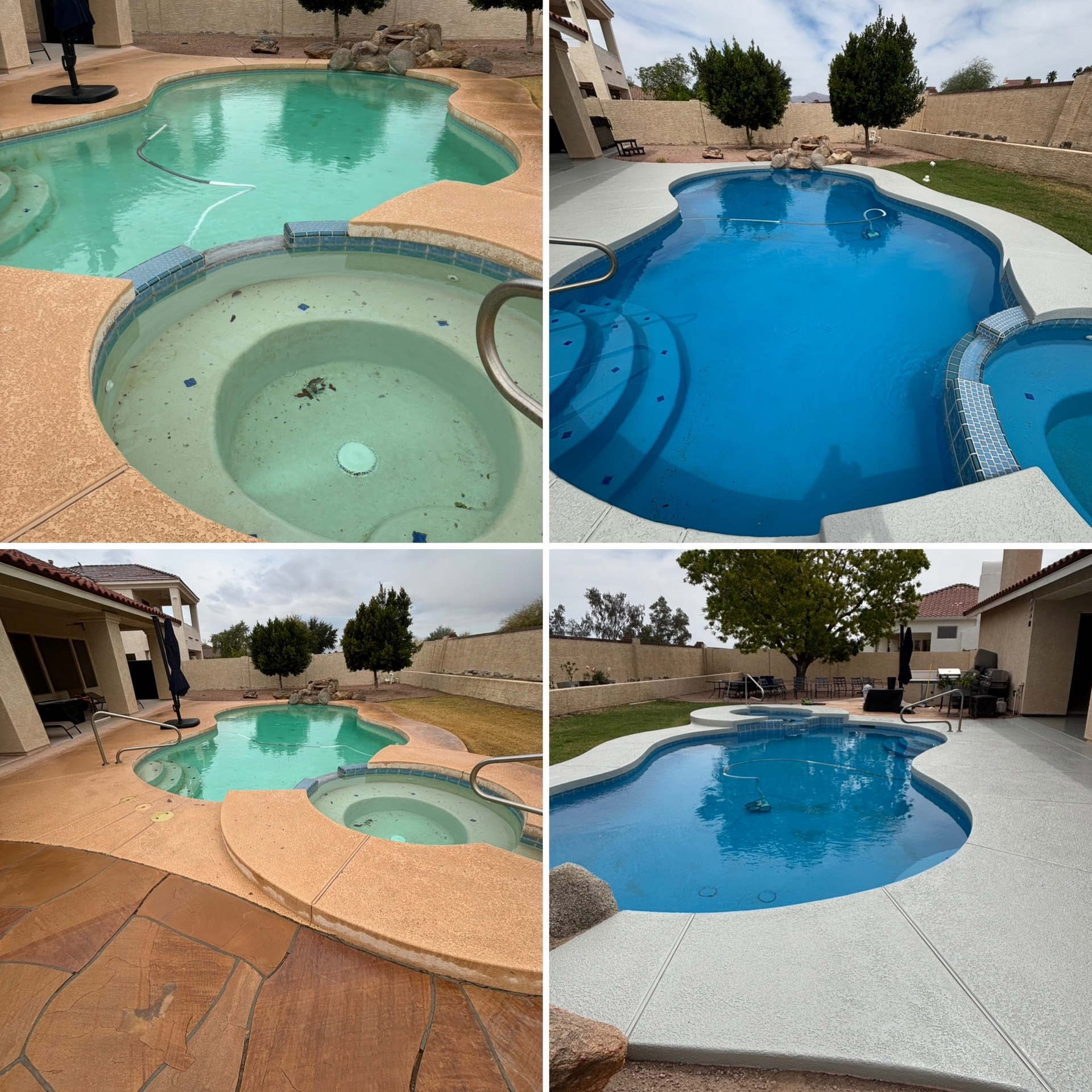 A split-screen comparison showing before and after pool and deck renovations with brighter water and updated decking.