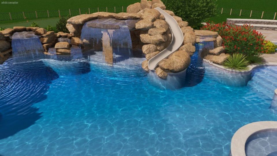 Pool with waterfall, slide, and landscaping. Blue water, rock features, and green grass.