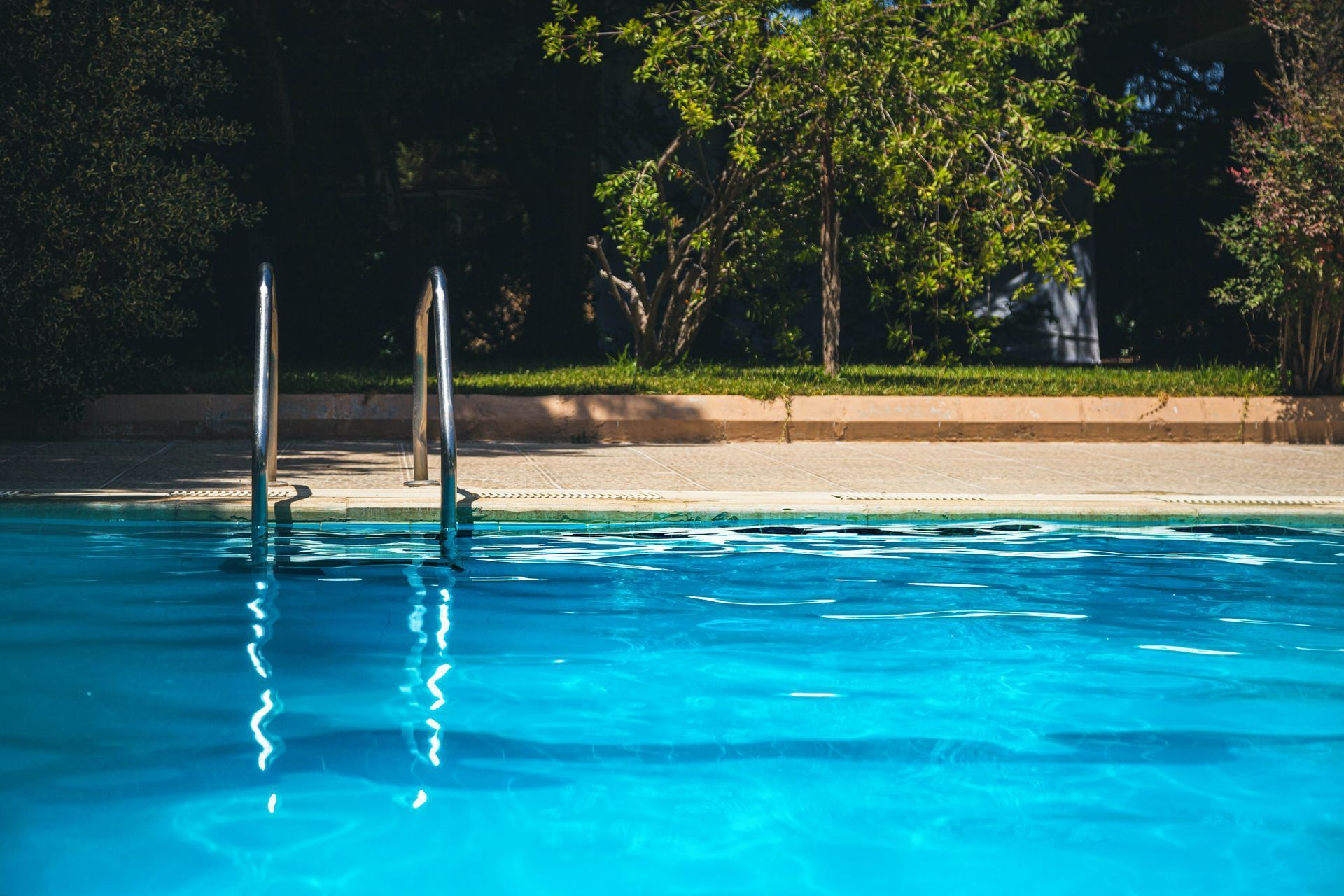 Swimming pool with stainless steel ladder, blue water, beige border, green trees in background.