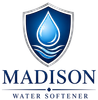 Madison Water Softener Logo with Shield Emblem, Water Droplet, Wave Graphic, and Company Name in Madison, WI