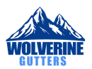 Logo for Wolverine Gutters: blue mountain peaks above dark blue 