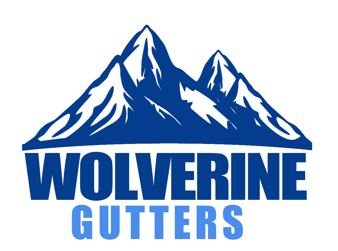 Logo for Wolverine Gutters: blue mountain peaks above dark blue 
