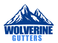 Logo for Wolverine Gutters: blue mountain peaks above dark blue 
