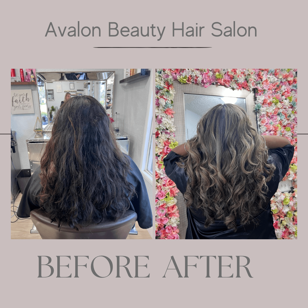 A before and after photo of a woman 's hair at avalon beauty hair salon