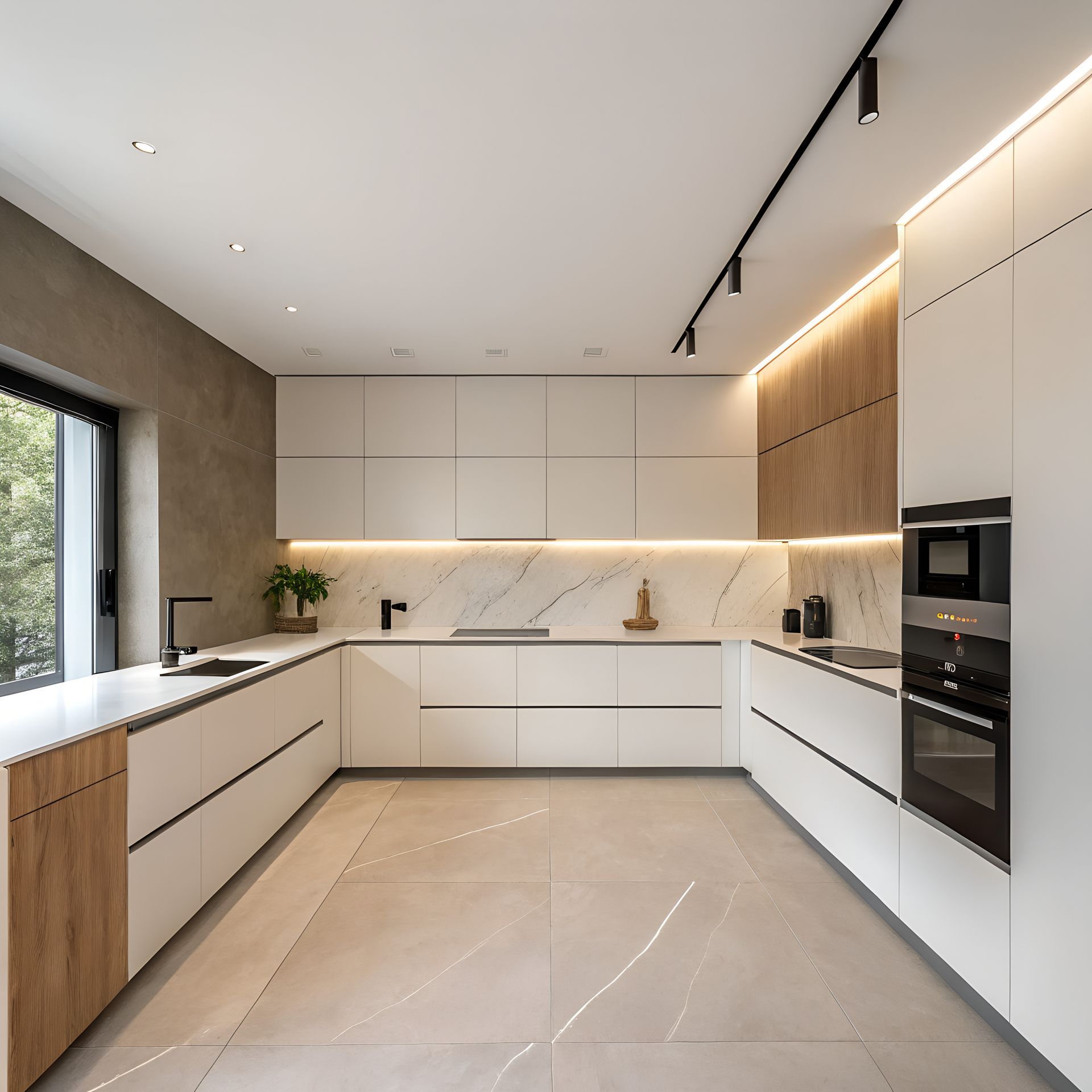 A U-shaped modern kitchen with white cabinets, wood accents, marble backsplash, integrated appliances, and warm lighting.
