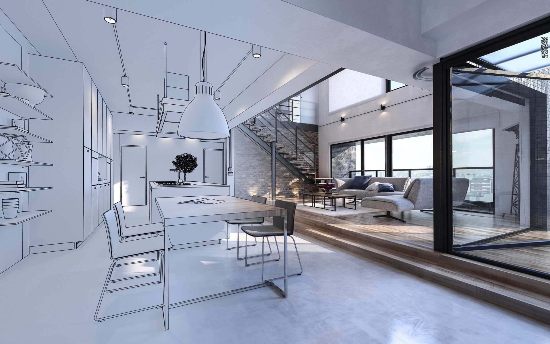Minimalist white loft interior with dining table, chairs, stairs, and large windows overlooking an adjacent room