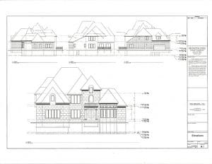 A black and white drawing of a house on a white background.
