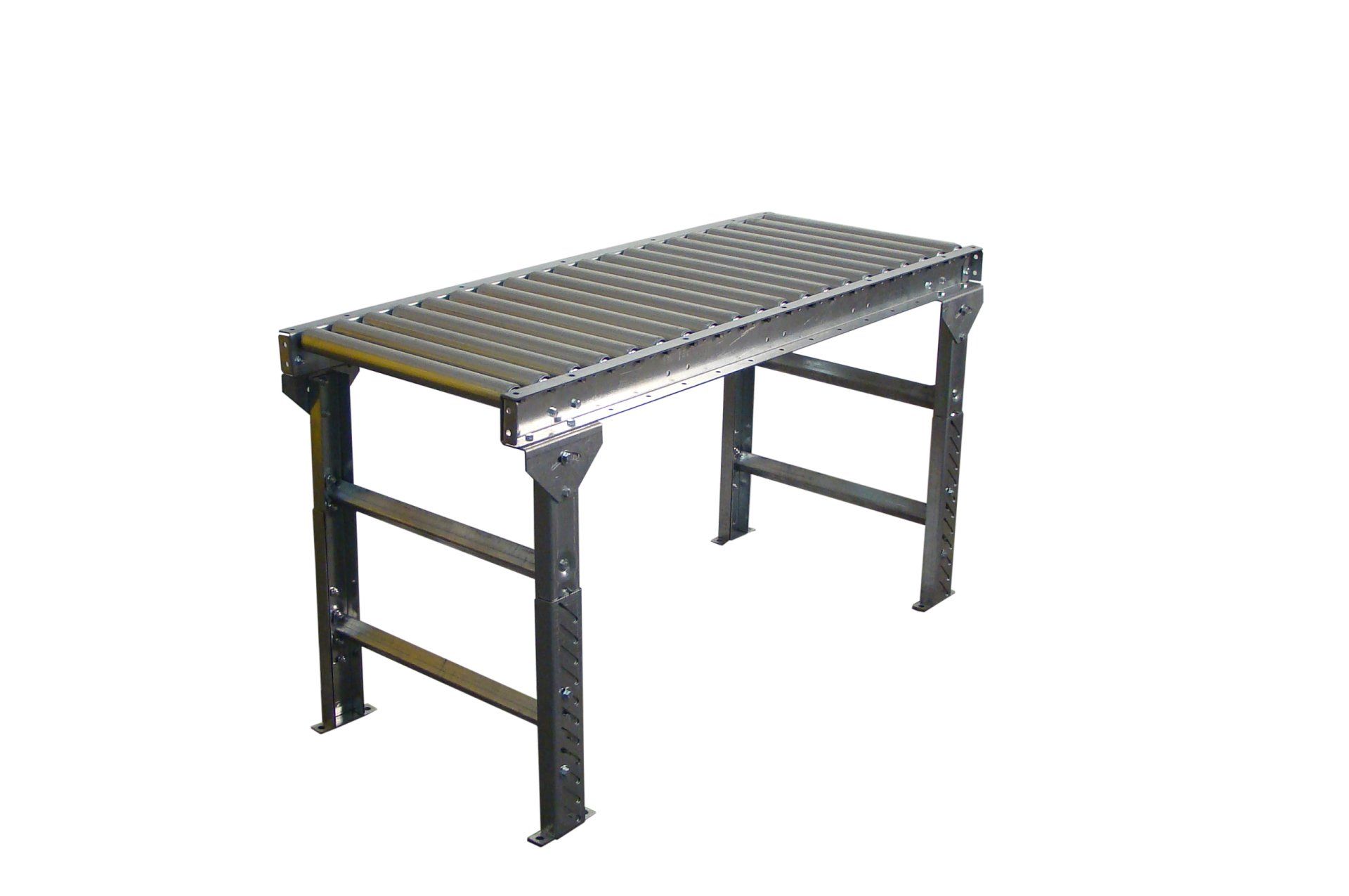 A metal table with a conveyor belt attached to it on a white background.
