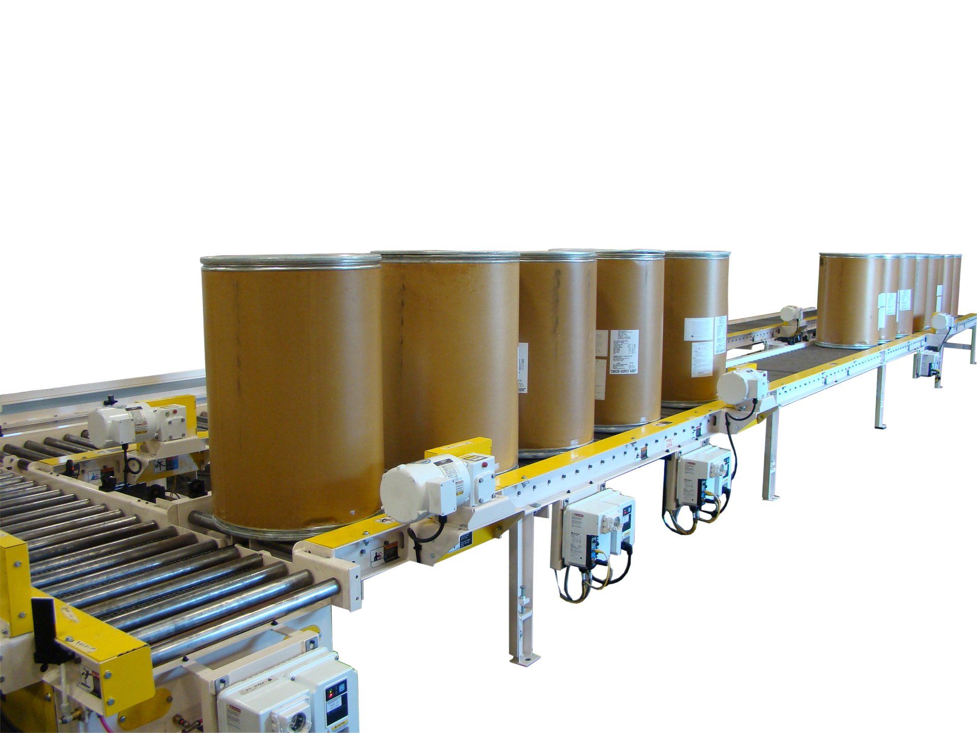 A conveyor belt filled with cardboard barrels on a white background.
