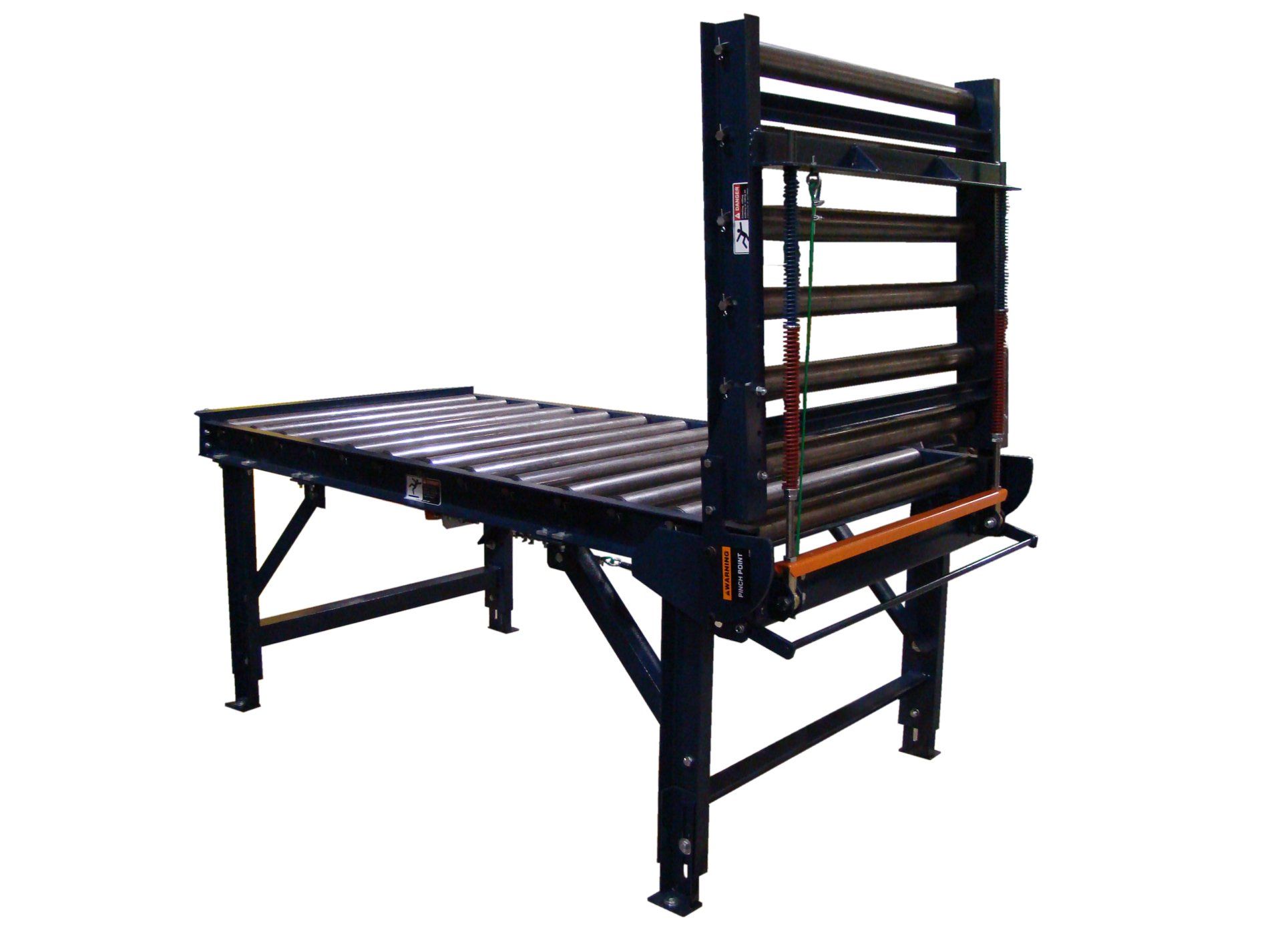 A conveyor belt with rollers attached to it on a white background.