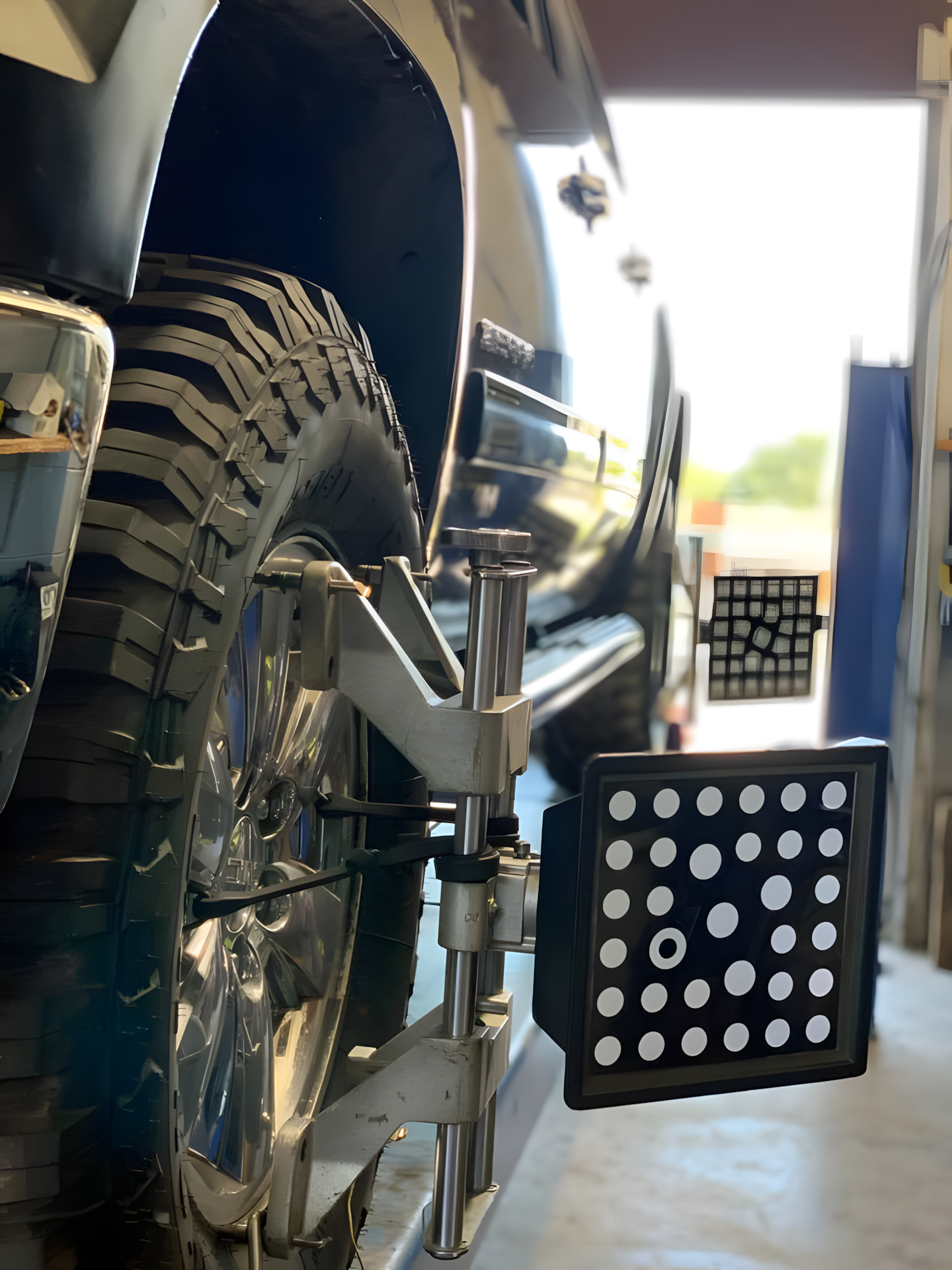 Vehicle wheel with alignment equipment attached in a garage. | Total Automotive