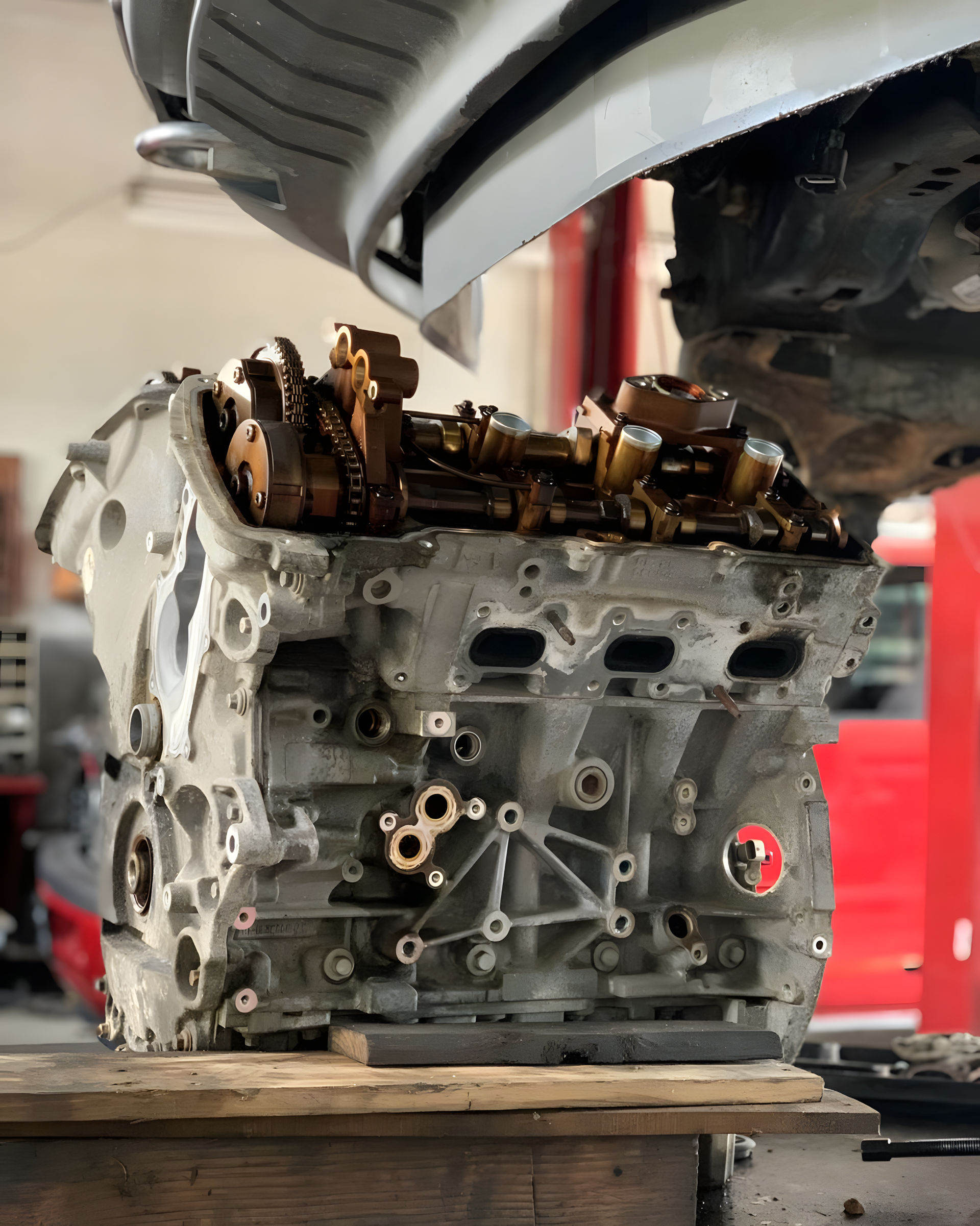 Engine block on a workbench, partially disassembled. Gray metal, exposed components, garage setting. | Total Automotive