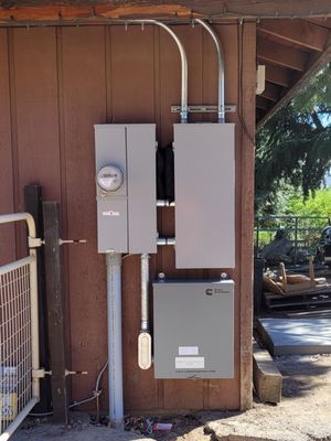 A electrical box is installed on the side of a wooden building.