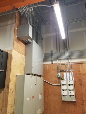 A room with a lot of electrical wires hanging from the ceiling.