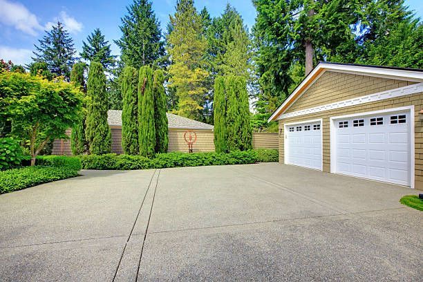 A driveway with a garage and trees