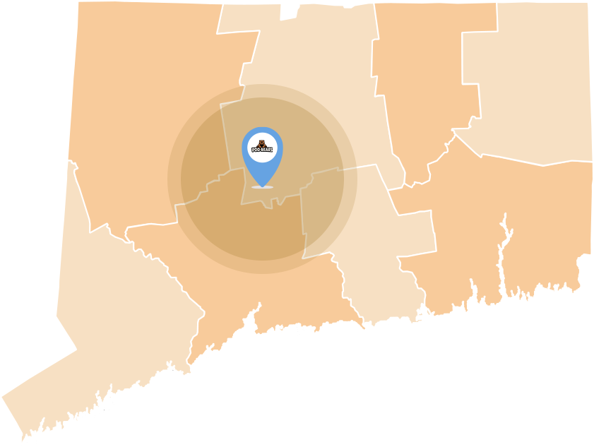 A map of the state of connecticut with a blue pin in the middle.