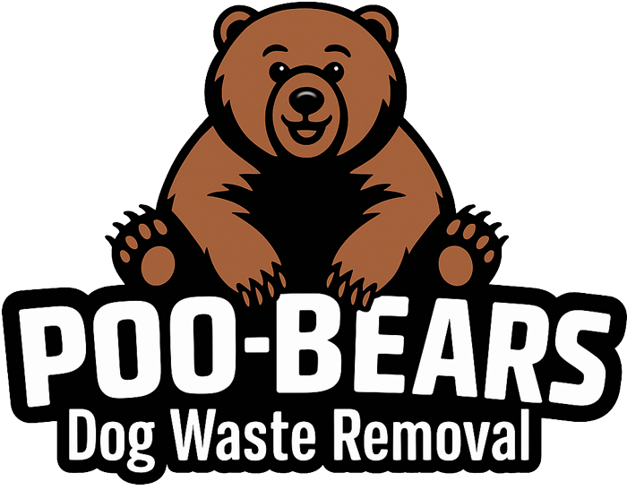 A brown bear is sitting on top of a sign that says poo bears dog waste removal.