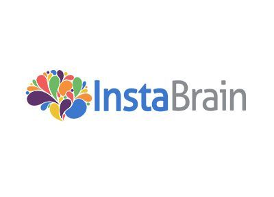 A logo for instabrain with a colorful brain on a white background.
