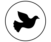 A black and white silhouette of a dove flying in a circle.