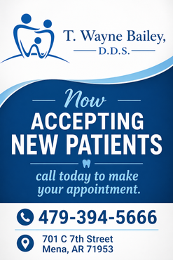 T. Wayne Bailey, D.D.S. ad in blue and white: now accepting new patients, with phone number and address.