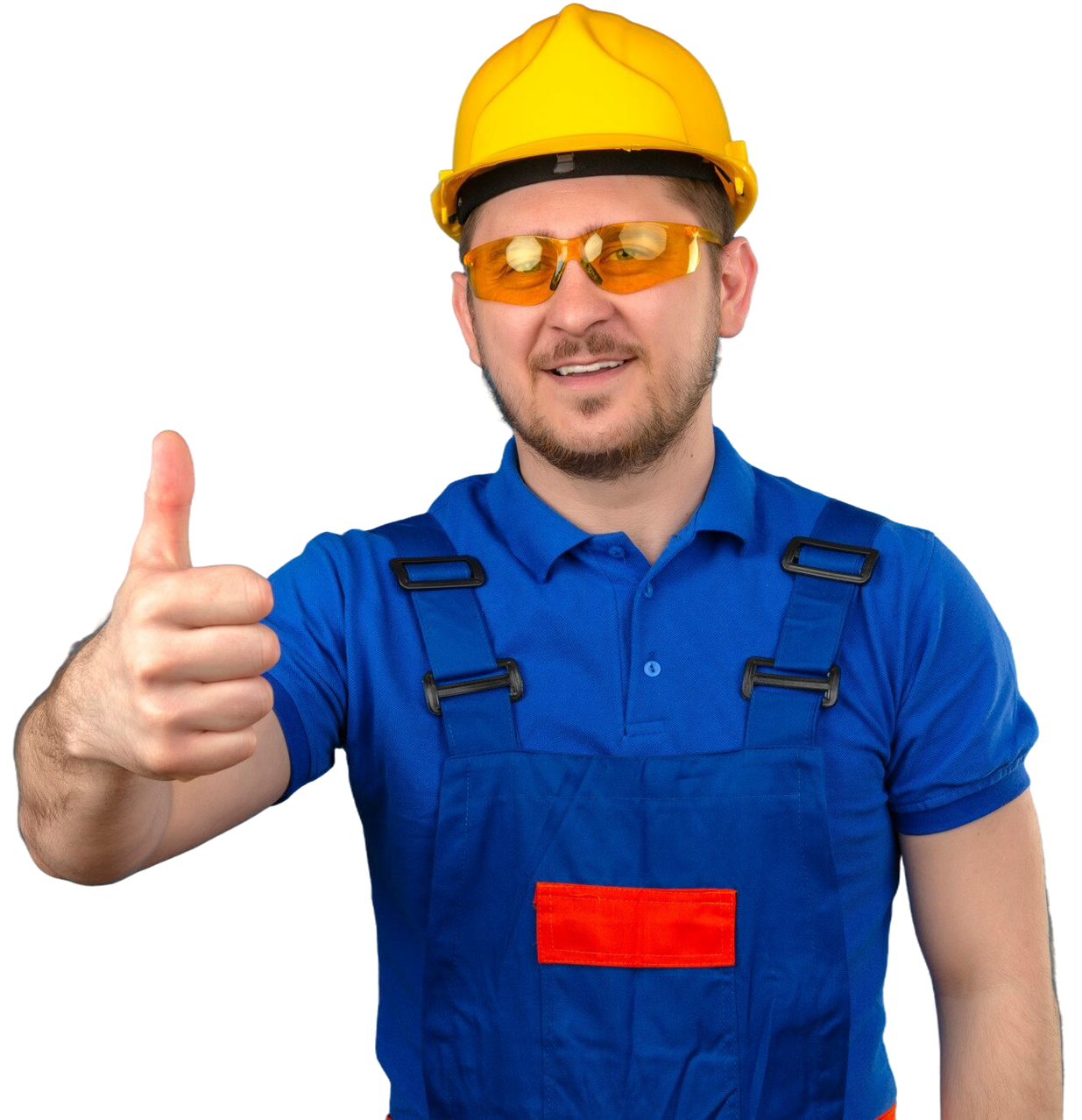 Construction worker in blue overalls and yellow hard hat giving a thumbs-up.