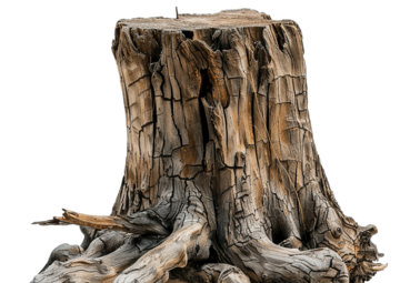 Old, weathered tree stump with exposed roots, light brown and textured against a white background.