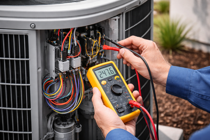 A technician tests the electrical wiring of an outdoor air conditioning unit with a yellow digital multimeter.