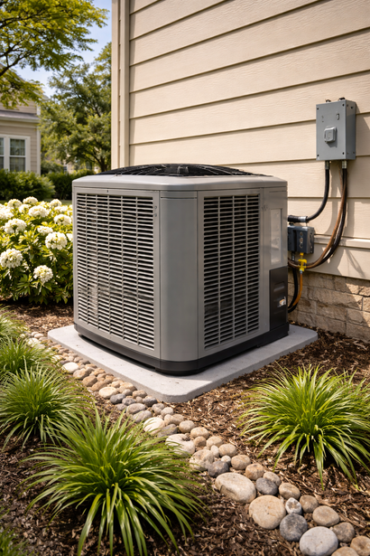 A grey HVAC outdoor unit sits on a concrete pad next to a beige-sided house with landscaping and river rocks.