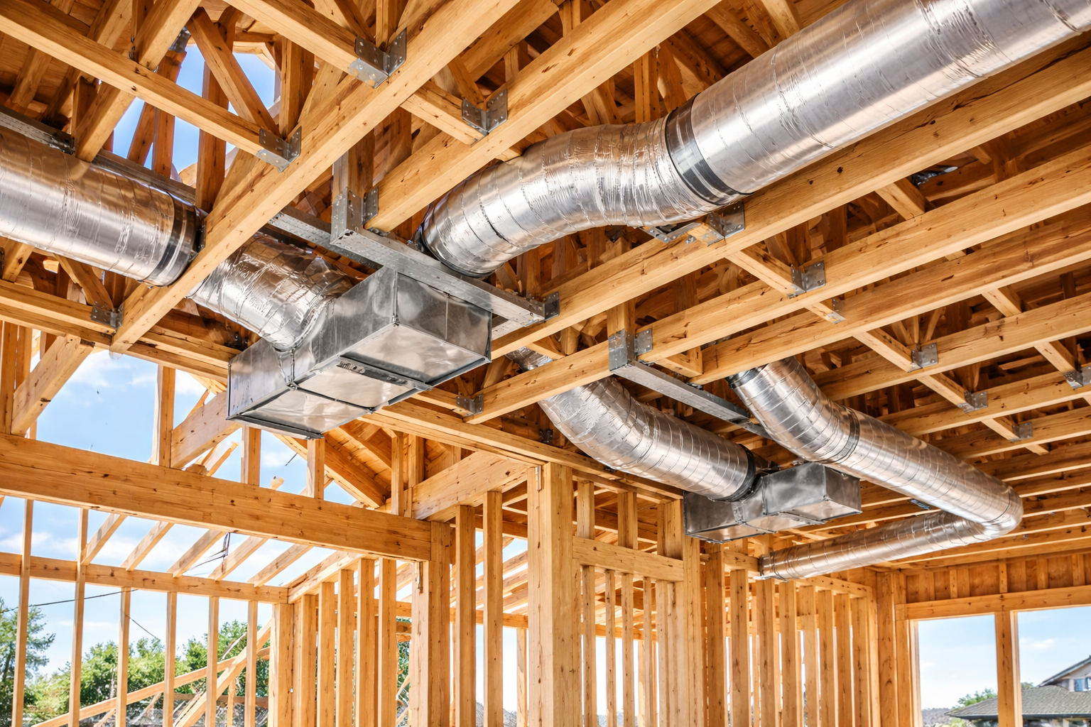 Unfinished residential construction framing with exposed wooden beams and installed silver HVAC ductwork.
