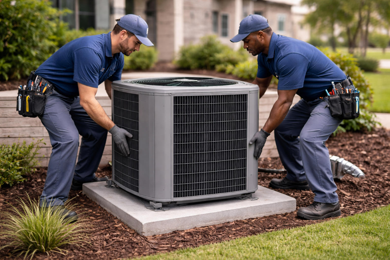 Two technicians in blue uniforms lift an outdoor HVAC unit onto a concrete pad in a residential yard.