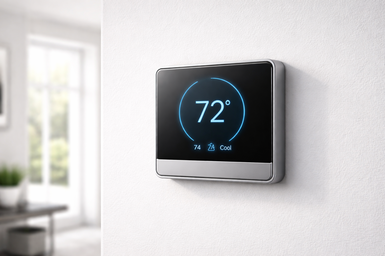 A silver, rectangular smart thermostat mounted on a white wall, displaying a glowing blue circular interface at 72 degrees.
