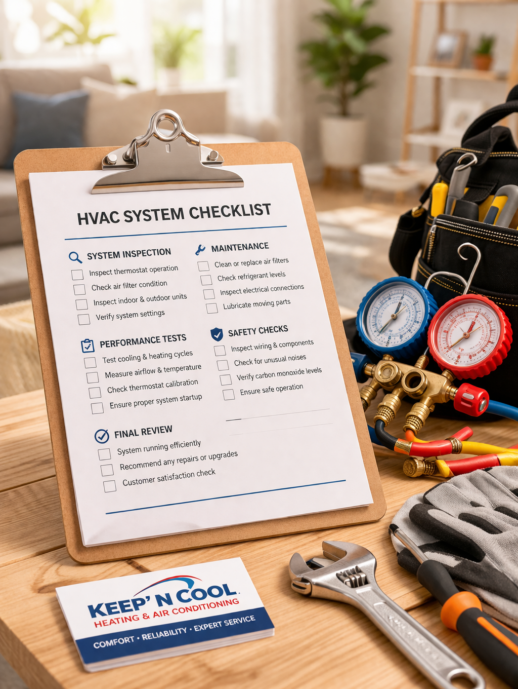 A clipboard with an HVAC checklist, pressure gauges, tools, and a business card for Keep’N Cool on a wooden table.