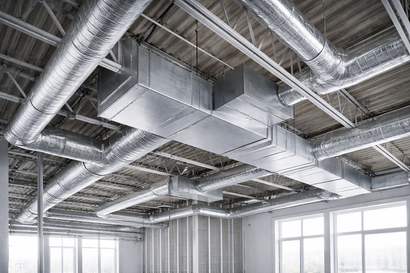 Exposed metallic HVAC ductwork system attached to the ceiling of an unfinished industrial or commercial interior space.