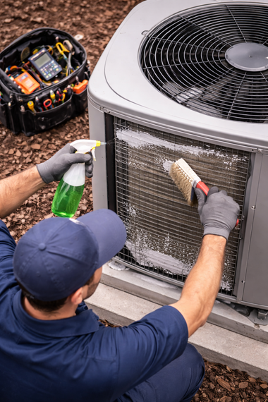 A technician wearing a blue uniform and hat cleans an outdoor air conditioning unit with a brush and spray bottle.