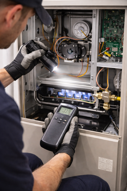 Technician in gloves uses a flashlight and digital meter to inspect the lit burners inside an open heating furnace.