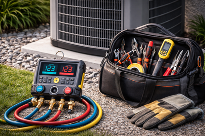 HVAC tools, including a digital manifold gauge and a tool bag, sit on the ground next to an outdoor air conditioning unit.