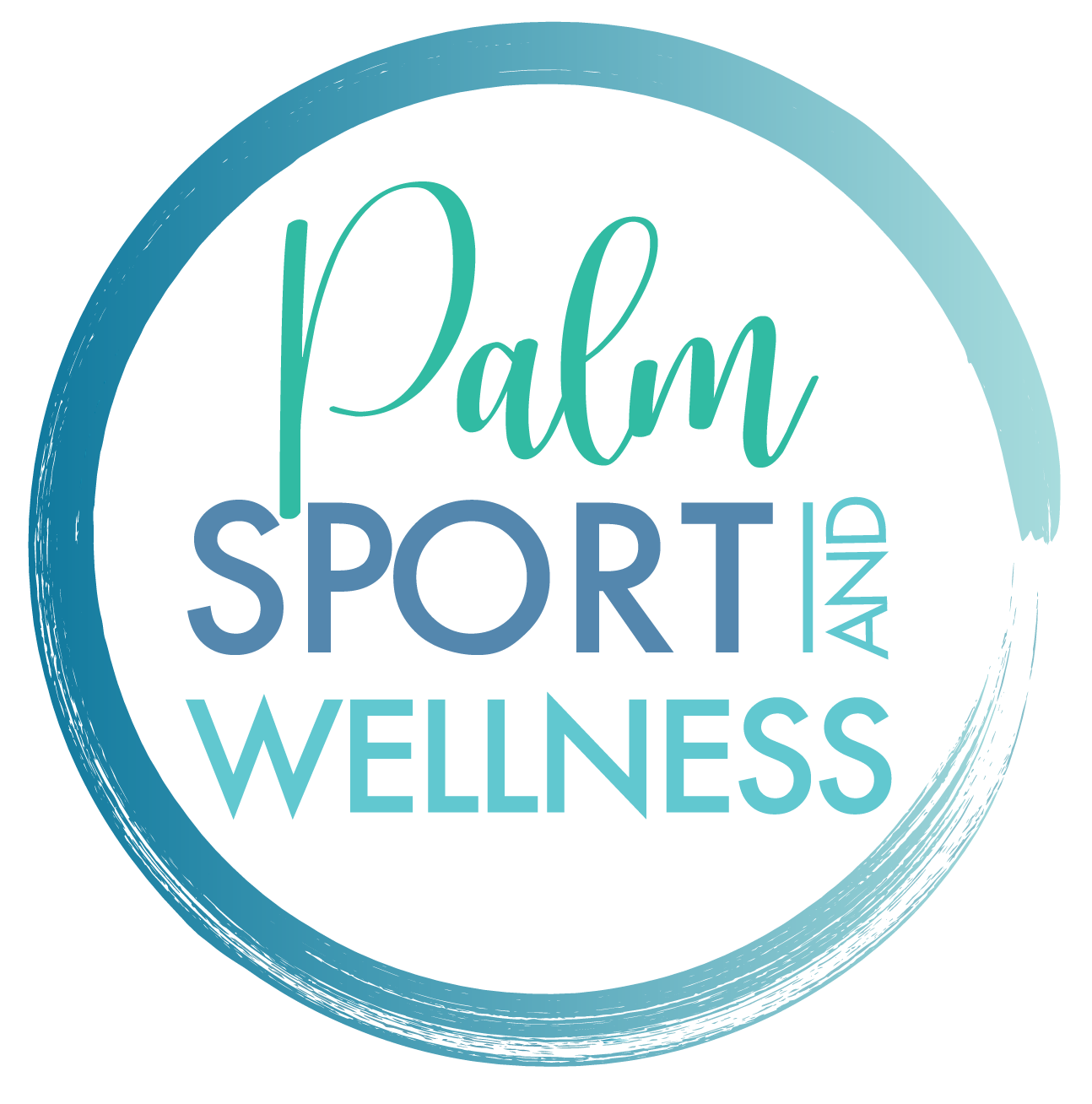 Logo for Palm Sport and Wellness, teal circle around text. 