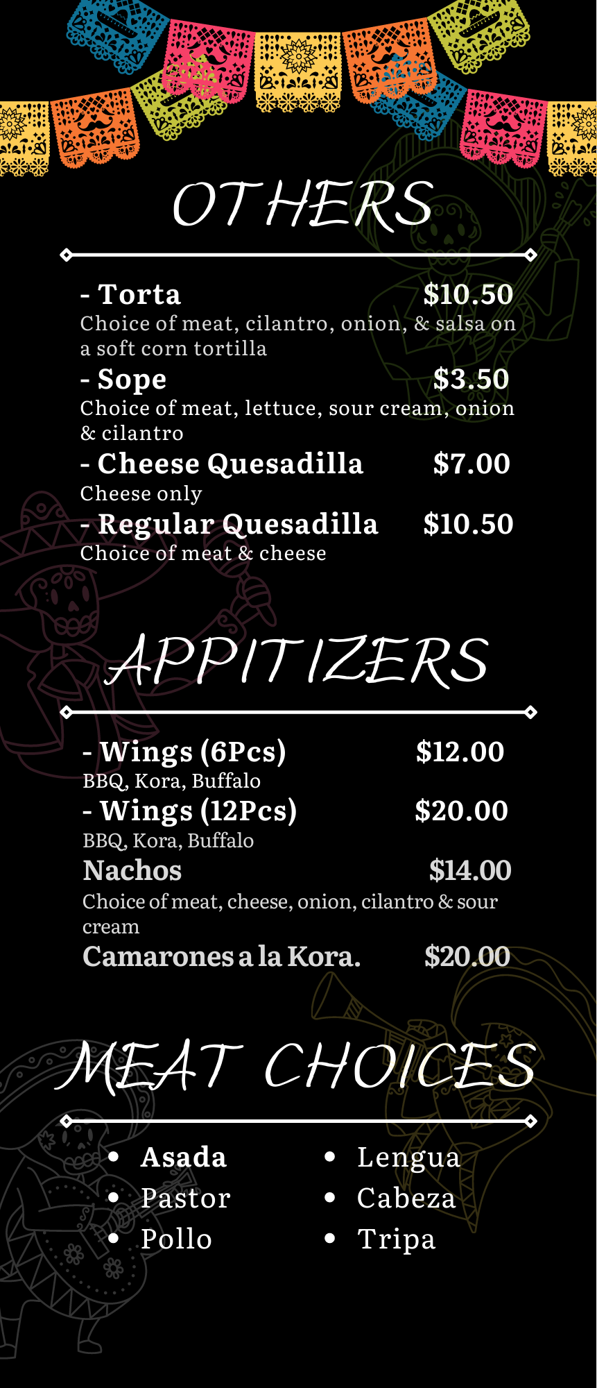 a menu for a restaurant shows appetizers and meat choices .