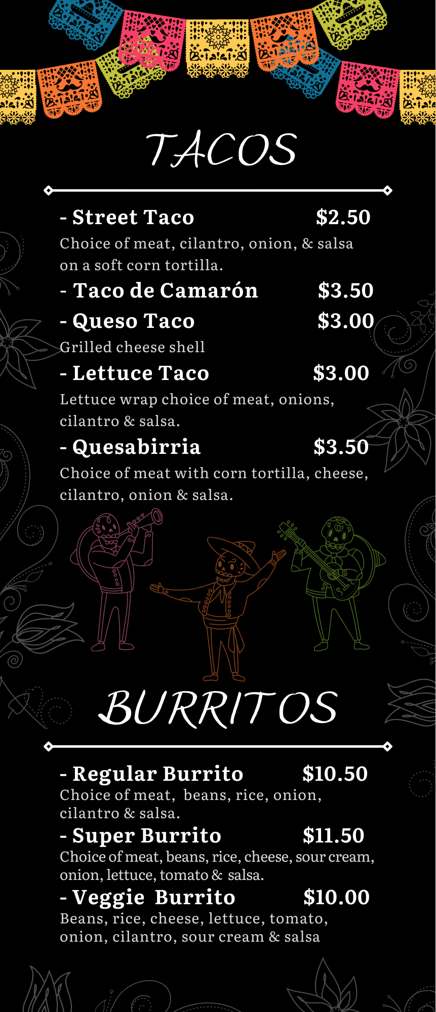 a menu for a restaurant with tacos and burritos on it .