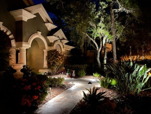 A path leading to a house is lit up at night