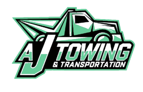 The logo for aj towing and transportation shows a tow truck.