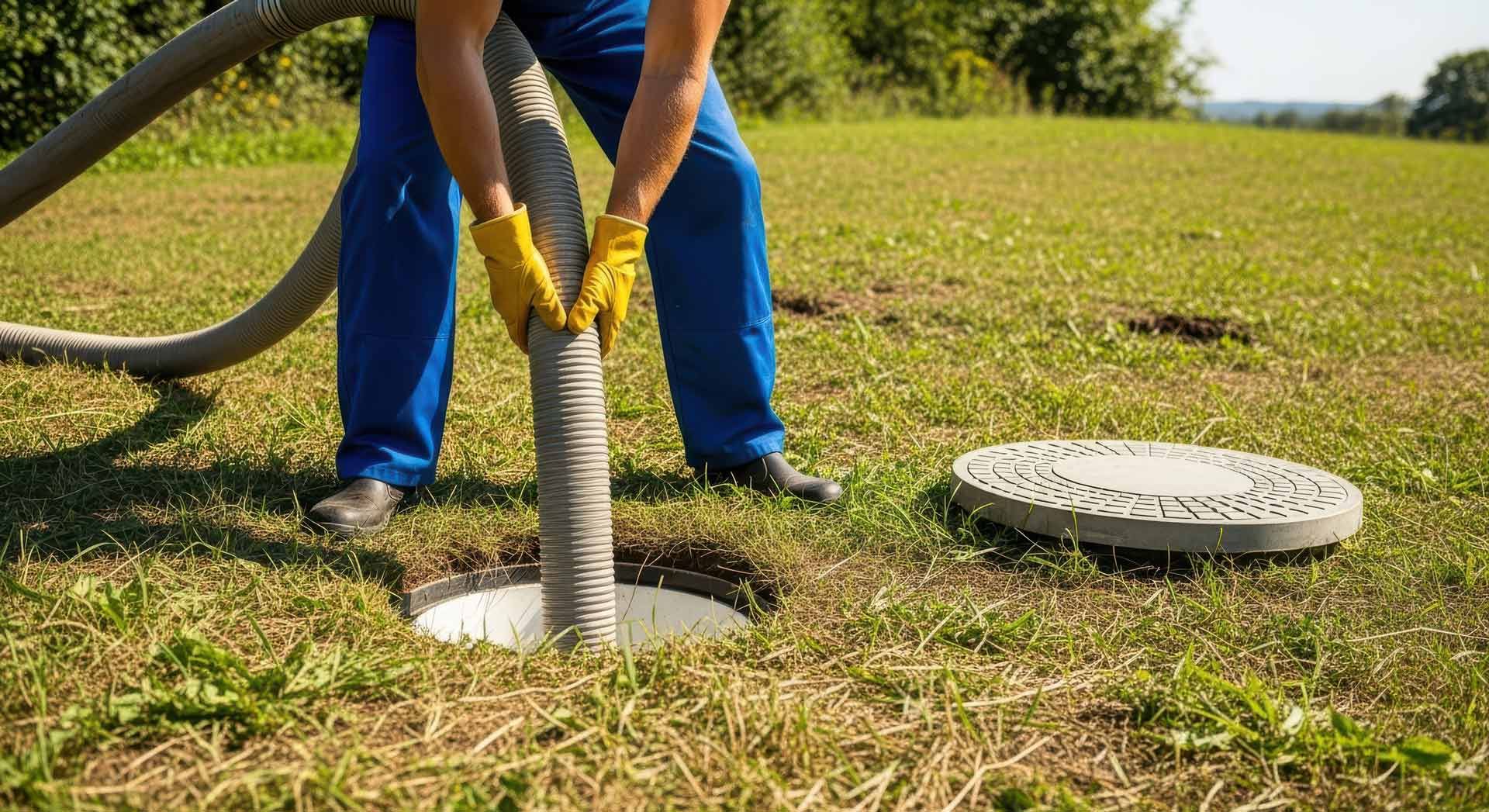 Worker in blue overalls inserting hose into septic tank for residential septic repair.