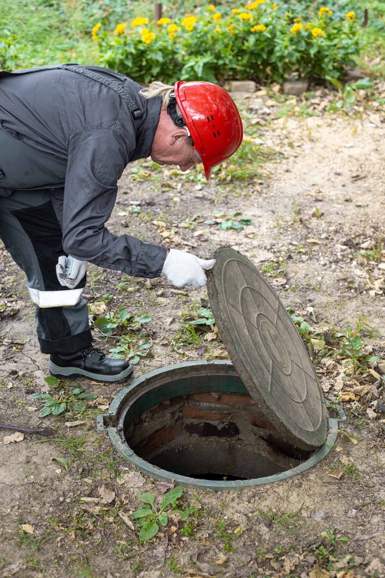 Worker leaning over open septic tank for residential septic repair maintenance.