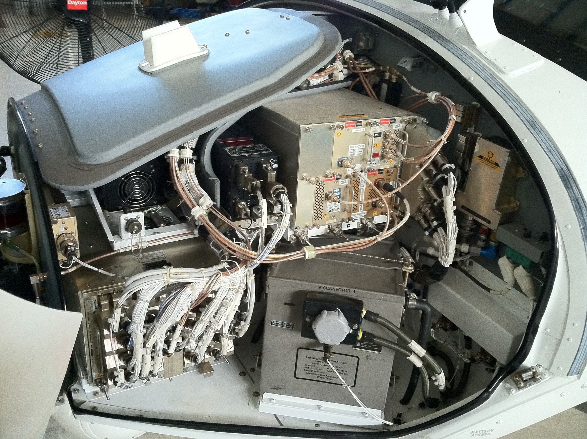 The inside of an airplane with the fuselage open