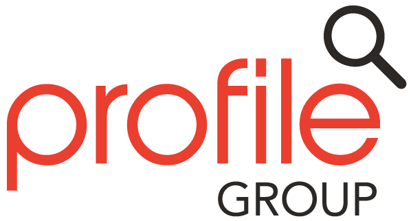Profile Group logo in red and black with a magnifying glass icon above the word “group”