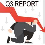 Q3 report with a red downward arrow and a crouched businessperson symbolizing decline